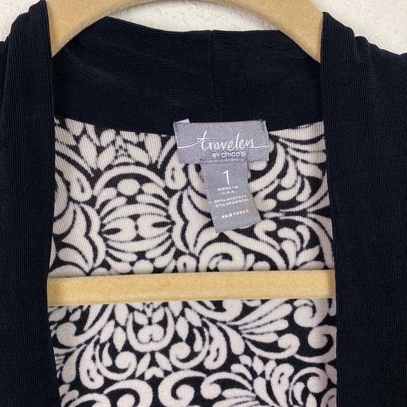 Chico's Travelers | Cream and White Patterned Open Cardigan Wrinkle Free 1 (M/8) - Picture 6 of 9